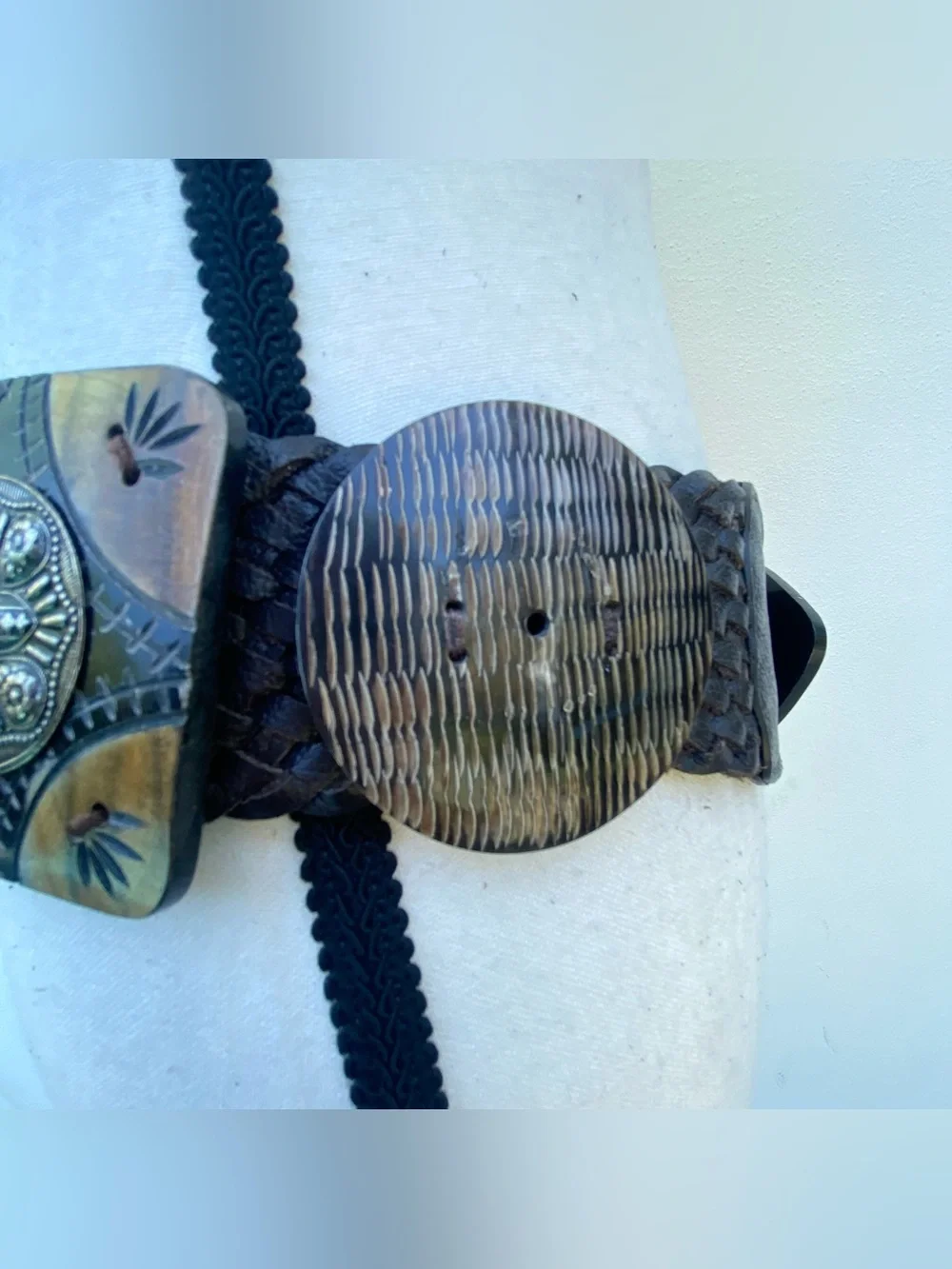 TheY2K Dark Brown Leather Tribal Metal & Wood Embellished Statement Belt Size M
